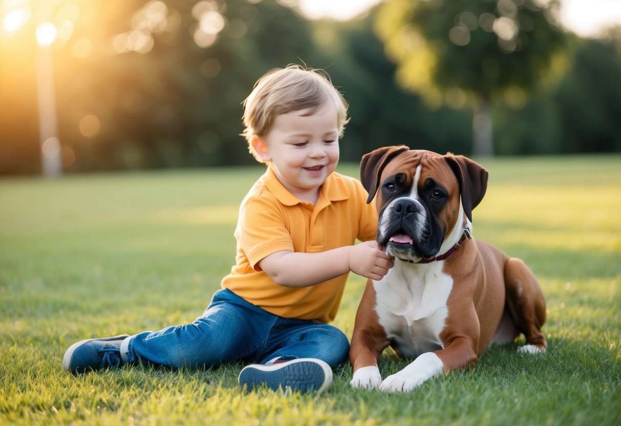A young child plays with a boxer dog, both smiling and relaxed in a safe, open environment