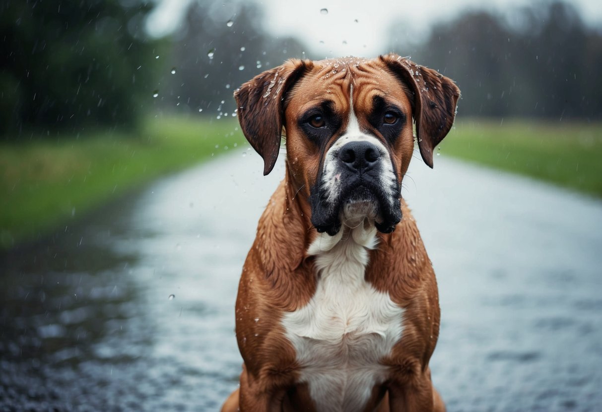 A boxer dog sits outside in the rain, looking forlorn as its fur becomes wet and matted. The wind blows its ears back and the dog shivers in the cold
