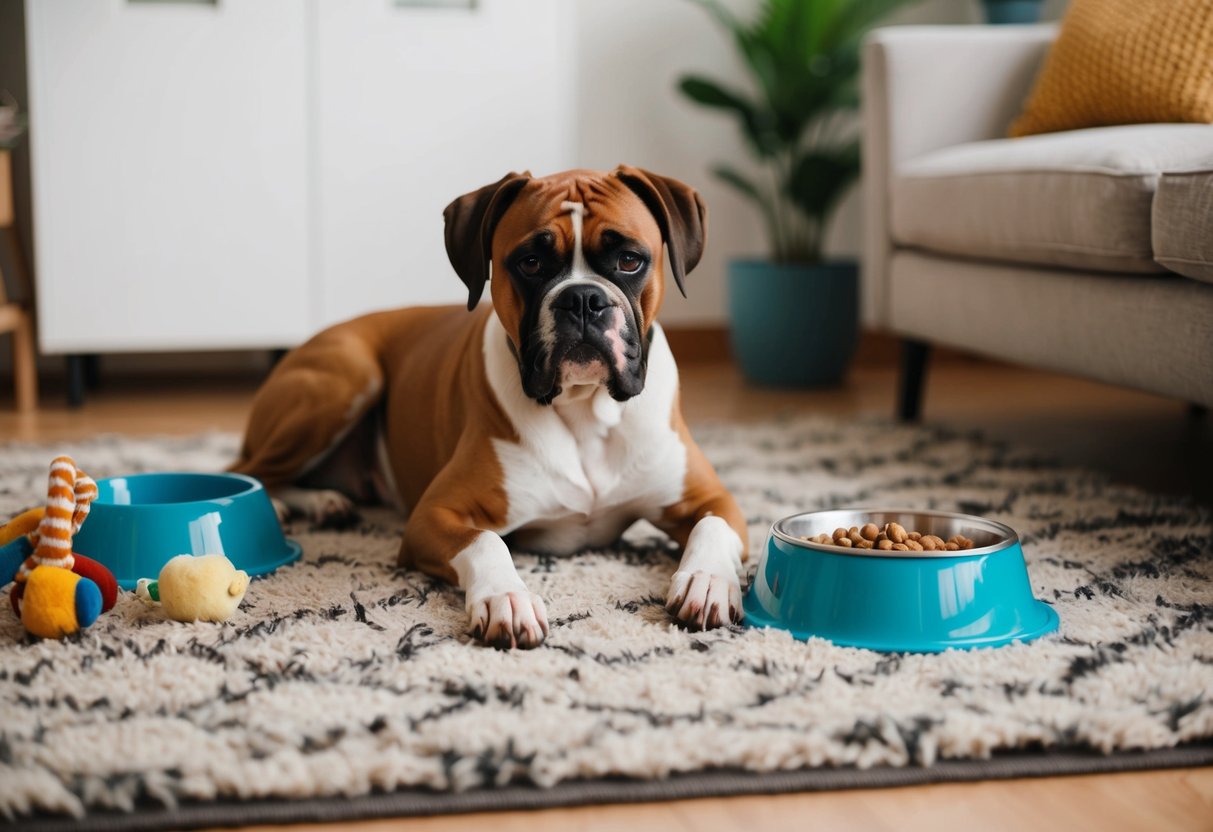 A boxer dog lounges on a cozy rug, surrounded by toys and a food bowl. Its content expression suggests low-maintenance care
