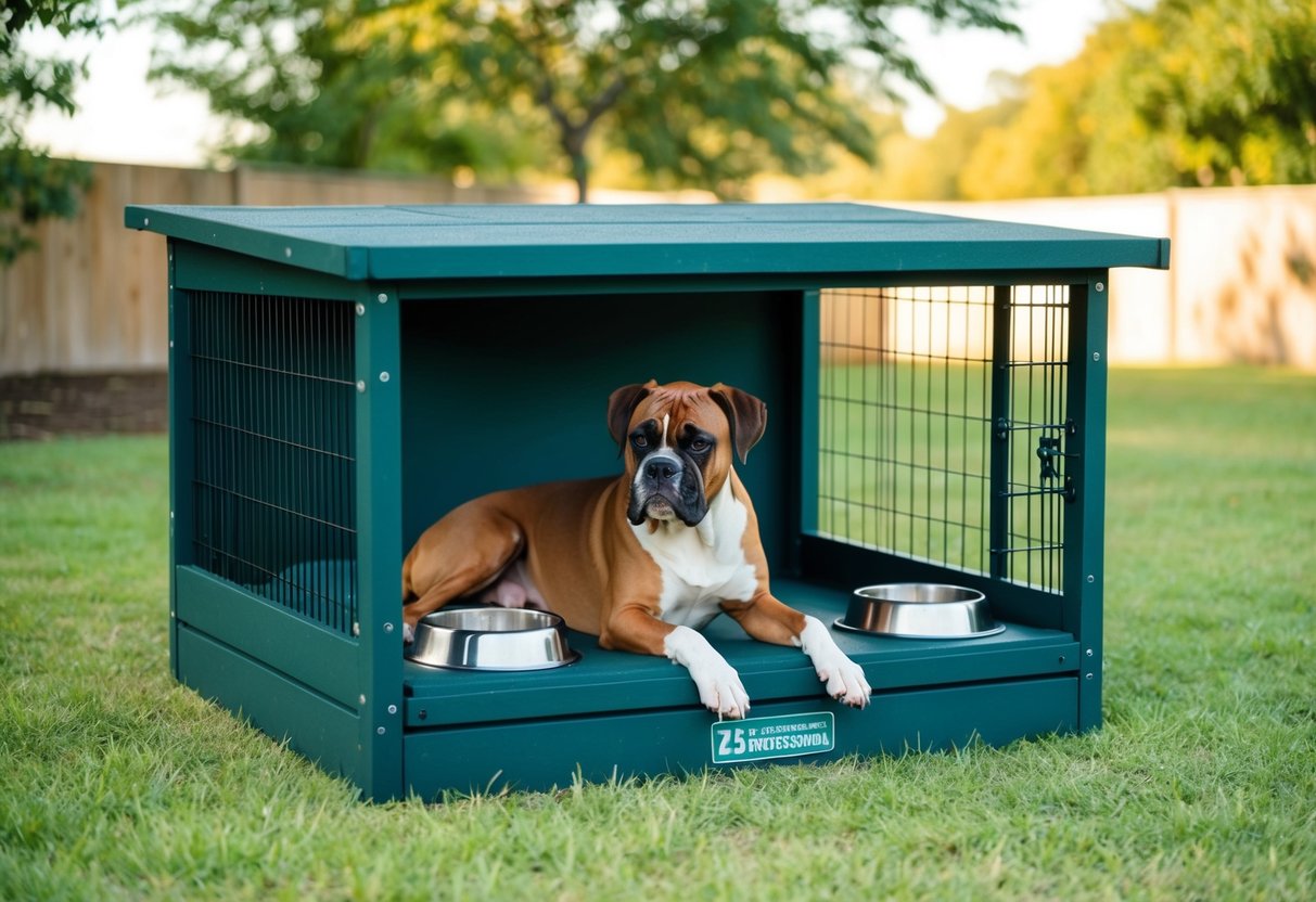 A sturdy outdoor kennel with a raised platform, water and food bowls, and a shaded area for a boxer dog to rest and stay protected from the elements