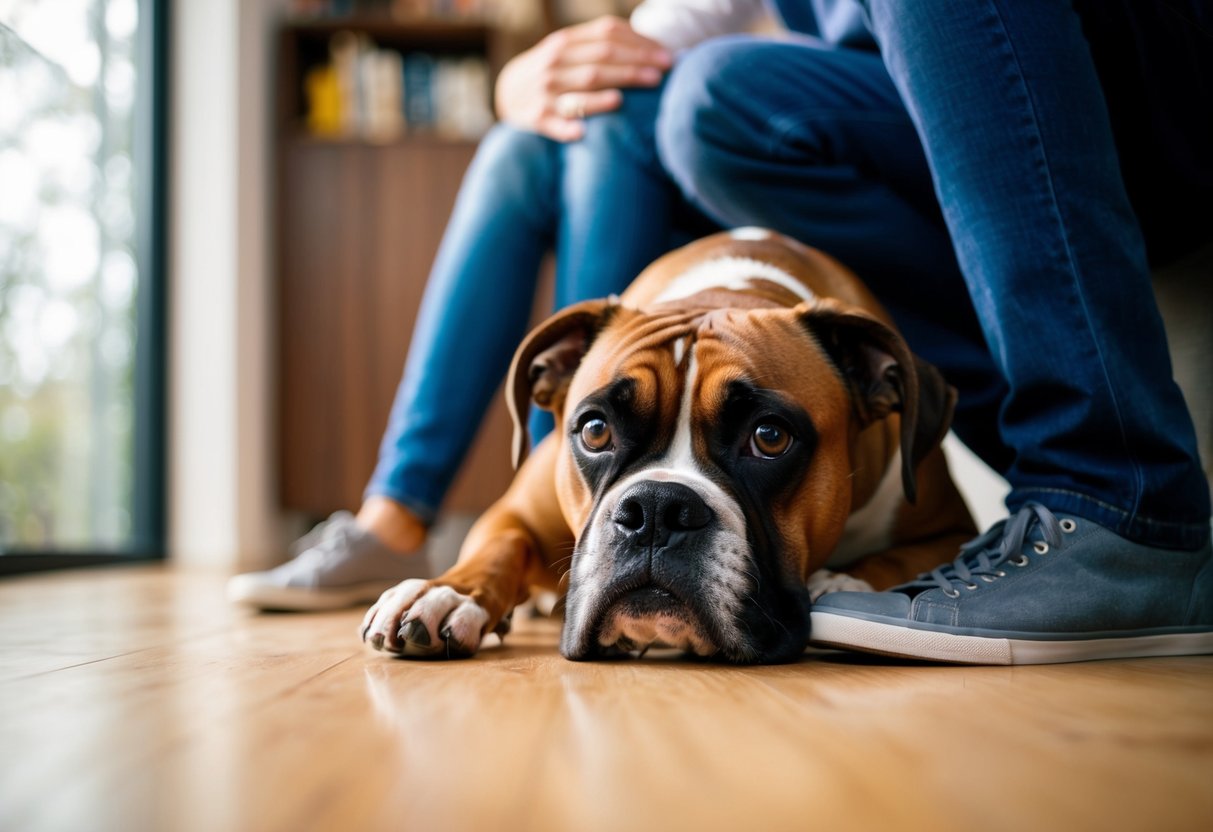 A boxer dog lying at the feet of its owner, looking up with pleading eyes