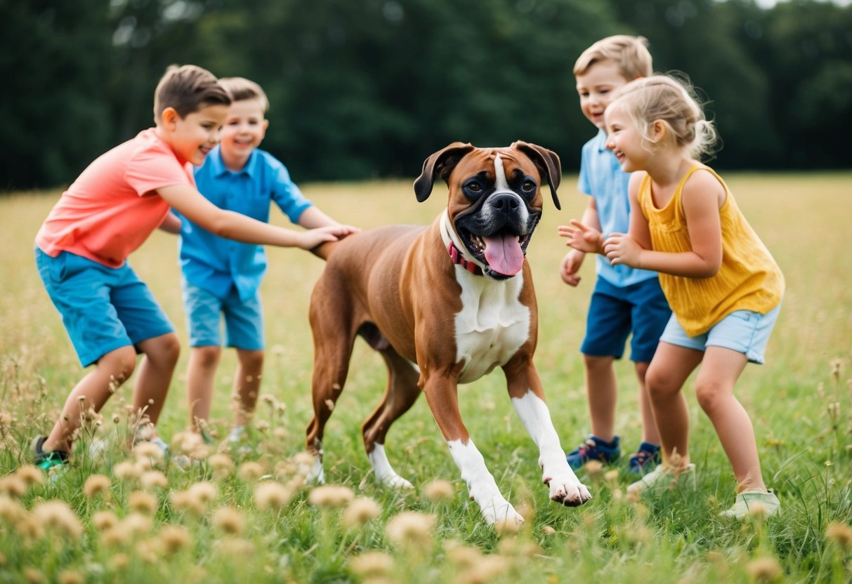 A happy boxer dog playing in a field, tongue out and tail wagging, surrounded by children laughing and petting the dog