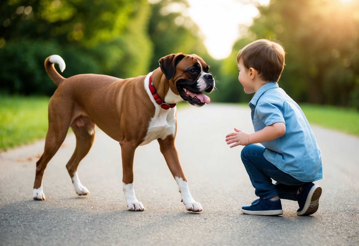 A Boxer dog wagging its tail and approaching a child with a happy expression