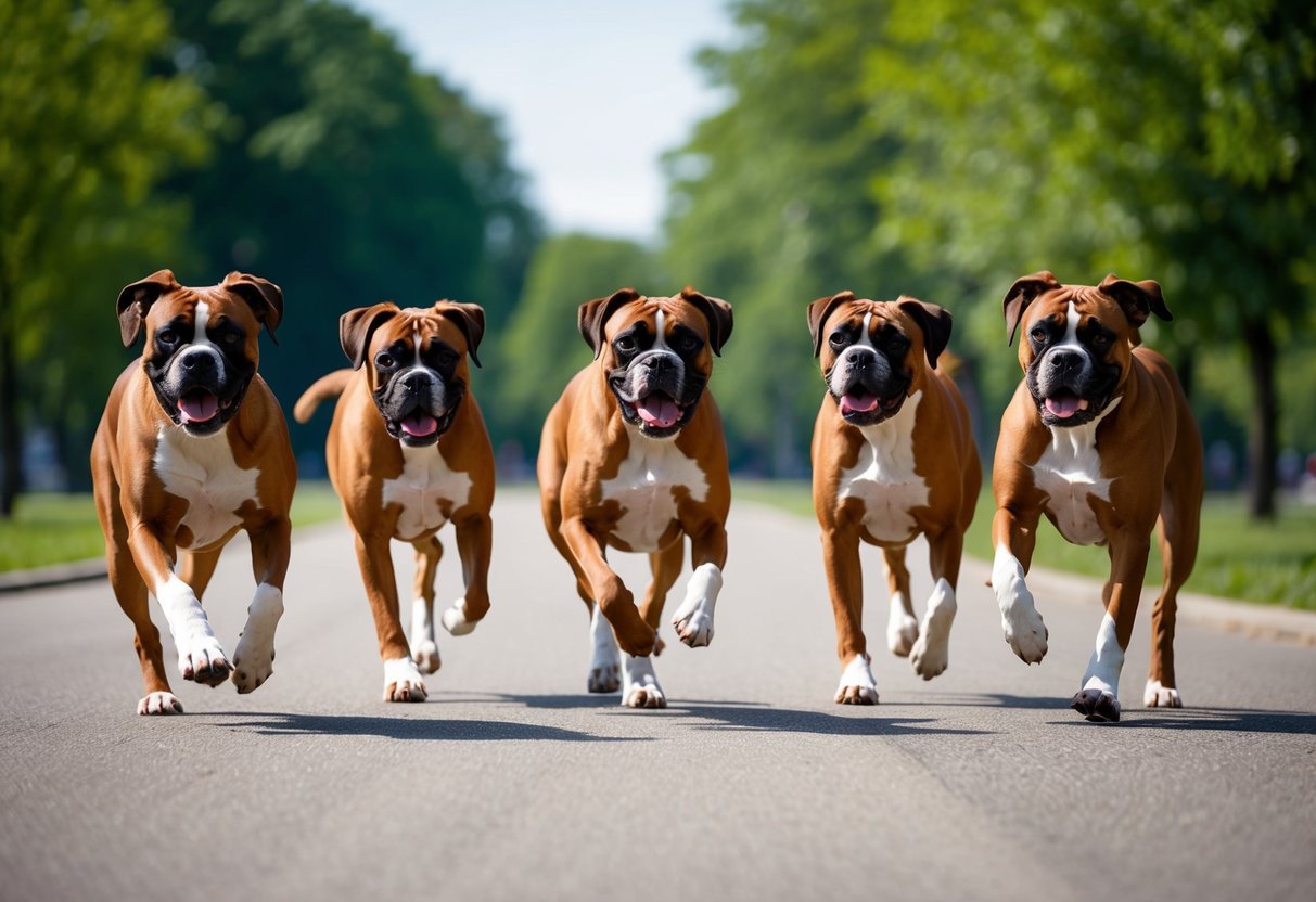 A group of energetic Boxer dogs playing and running in a spacious park, displaying their friendly and affectionate nature towards each other