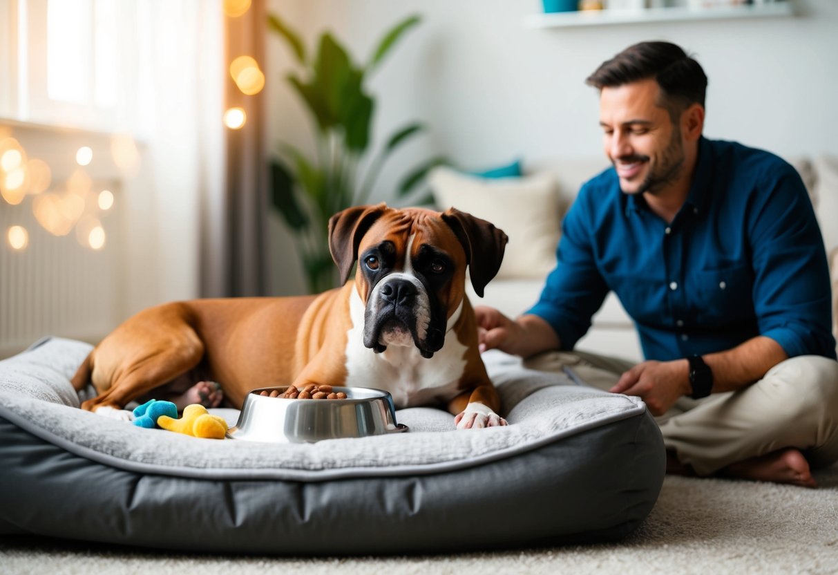 A boxer dog lies contentedly on a plush bed, surrounded by toys and a full food bowl, while a caring owner looks on with a smile
