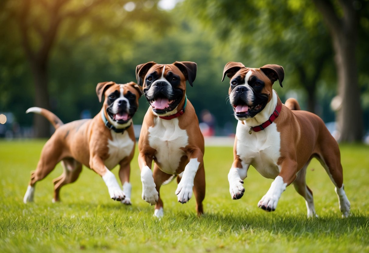 Two boxers happily playing in a park, wagging tails and jumping around other dogs