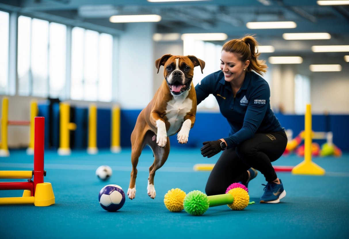 A boxer dog eagerly jumps and plays with a trainer, surrounded by toys and agility equipment in a spacious, well-lit training area