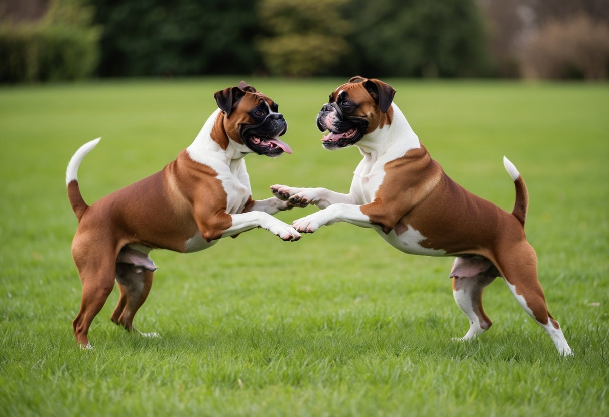 Two friendly boxers playfully interact with each other in a spacious, grassy yard, wagging their tails and showing affection towards each other