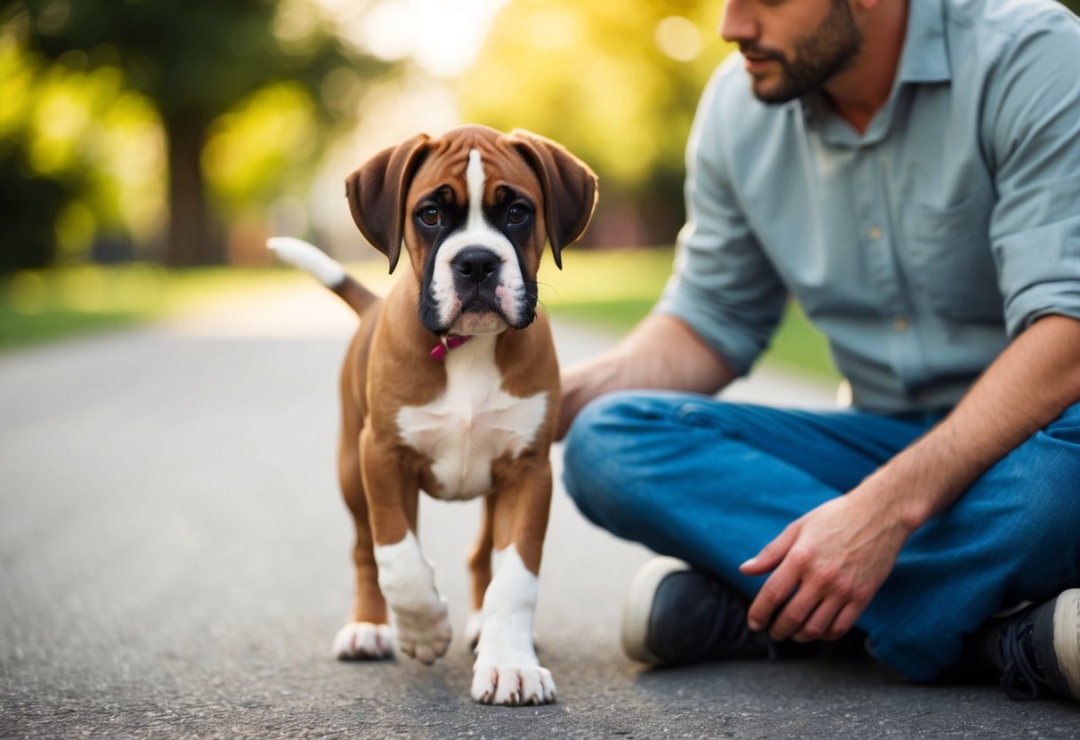 A boxer dog puppy eagerly follows its owner, seeking attention and affection