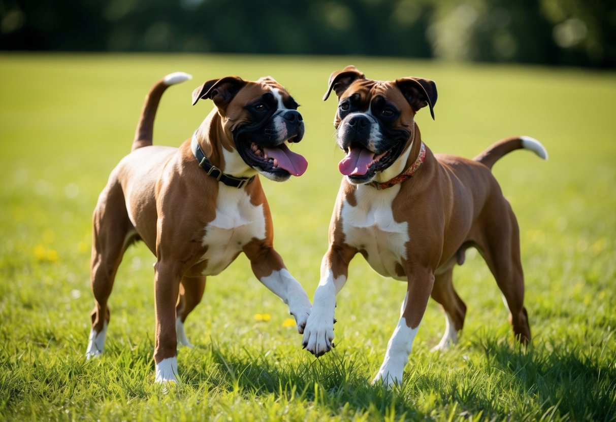 Two Boxer dogs playing in a grassy field, tongues lolling and tails wagging. Their energetic and affectionate nature evident in their joyful interaction