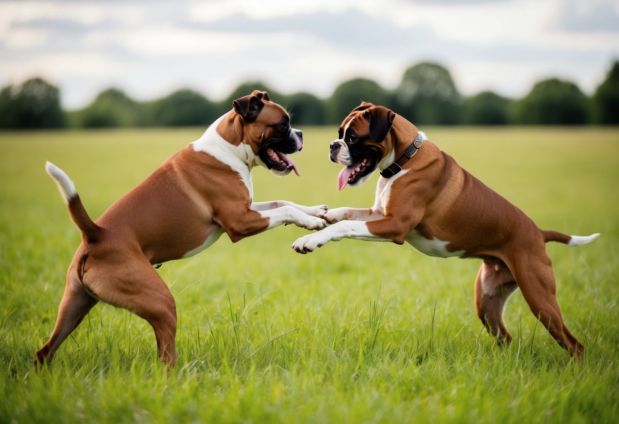 Two boxers playfully spar in a grassy field, their tails wagging and tongues lolling. They engage in friendly roughhousing, showing their strong bond
