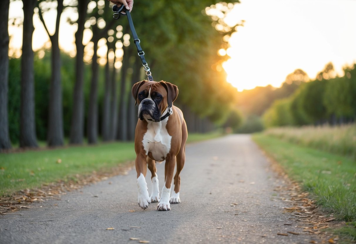 A boxer dog trots along a tree-lined path, with a leash in its owner's hand. The sun is setting, casting a warm glow over the scene