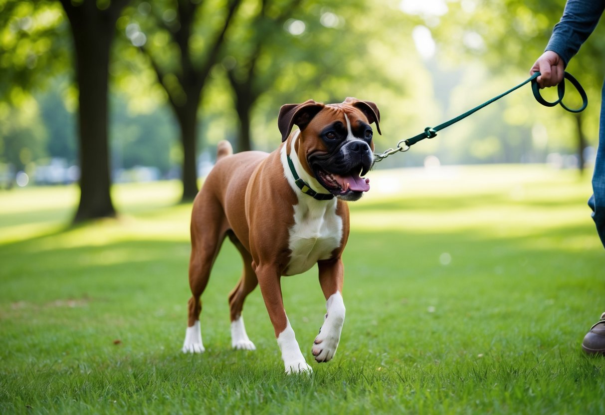 A boxer dog eagerly walks through a green park, with a leash in its owner's hand. The dog is alert and energetic, enjoying the exercise