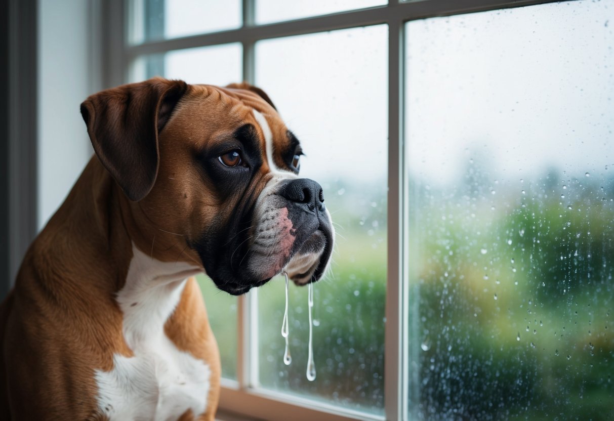 A boxer dog sits alone, tears streaming down its face, looking out a rainy window
