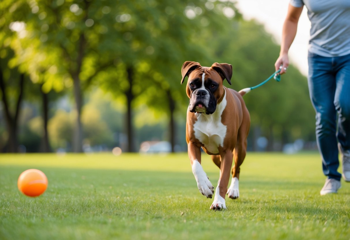A boxer dog walking through a park, playing fetch, and running alongside its owner