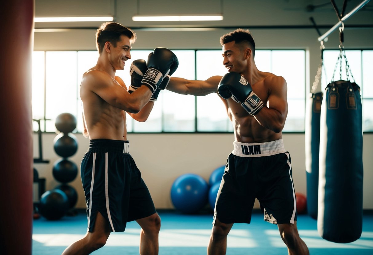 Two boxers playfully sparring in a sunlit gym, surrounded by punching bags and exercise equipment