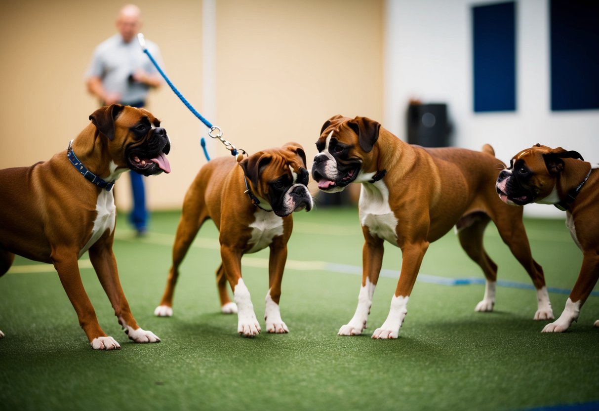 A group of boxer dogs interact in a training class, some showing signs of distress while others playfully engage