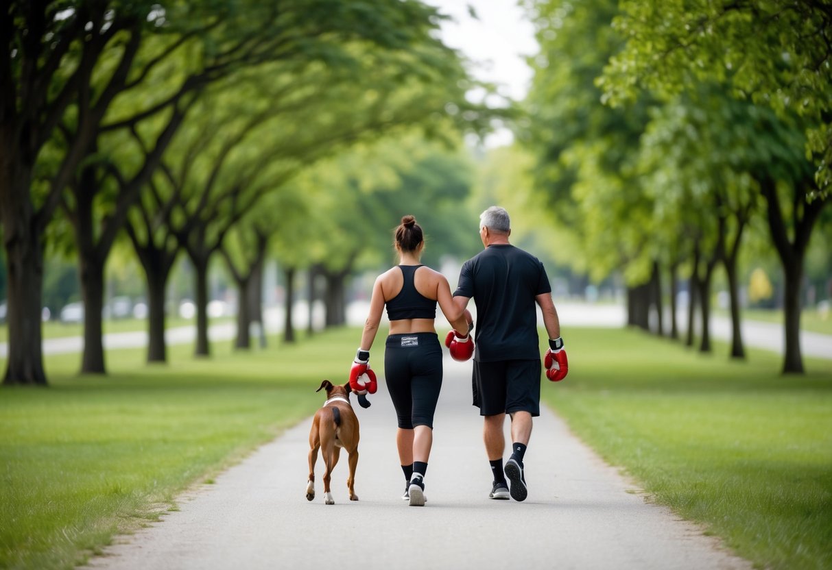 A boxer walking with their trainer in a park, surrounded by trees and greenery, with a clear path ahead