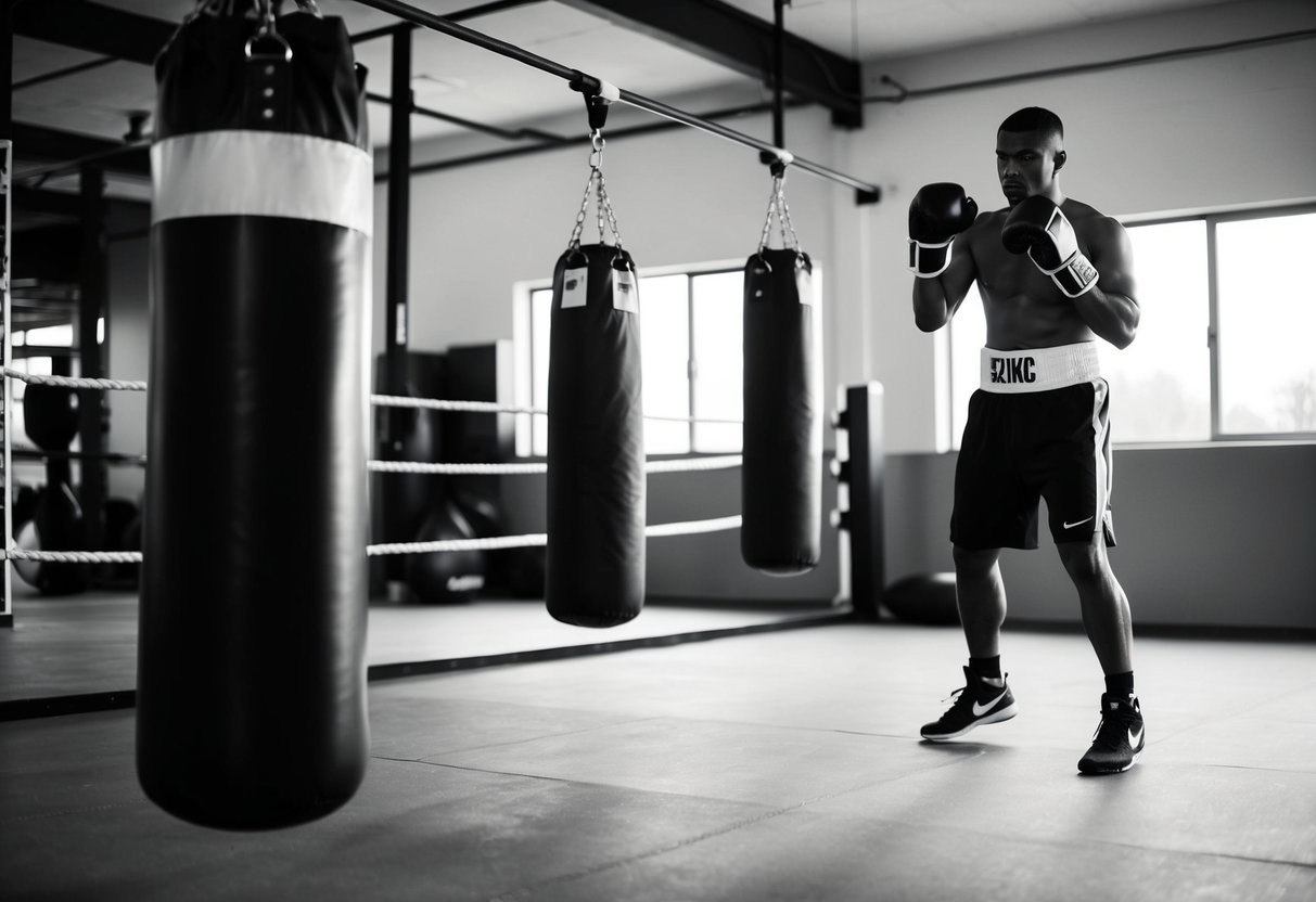 A boxer training in a gym, jumping rope, hitting a speed bag, and shadow boxing