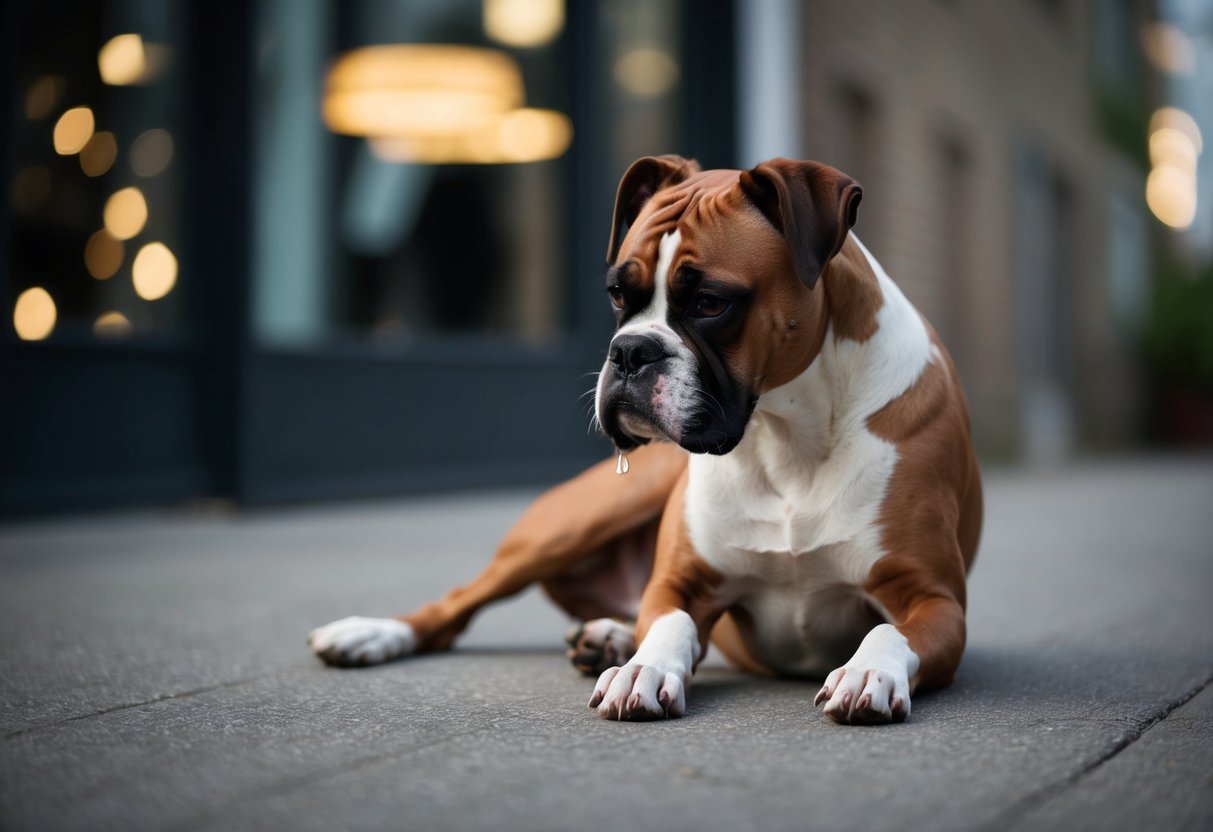 A boxer dog sits alone, head lowered, with a tear rolling down its cheek