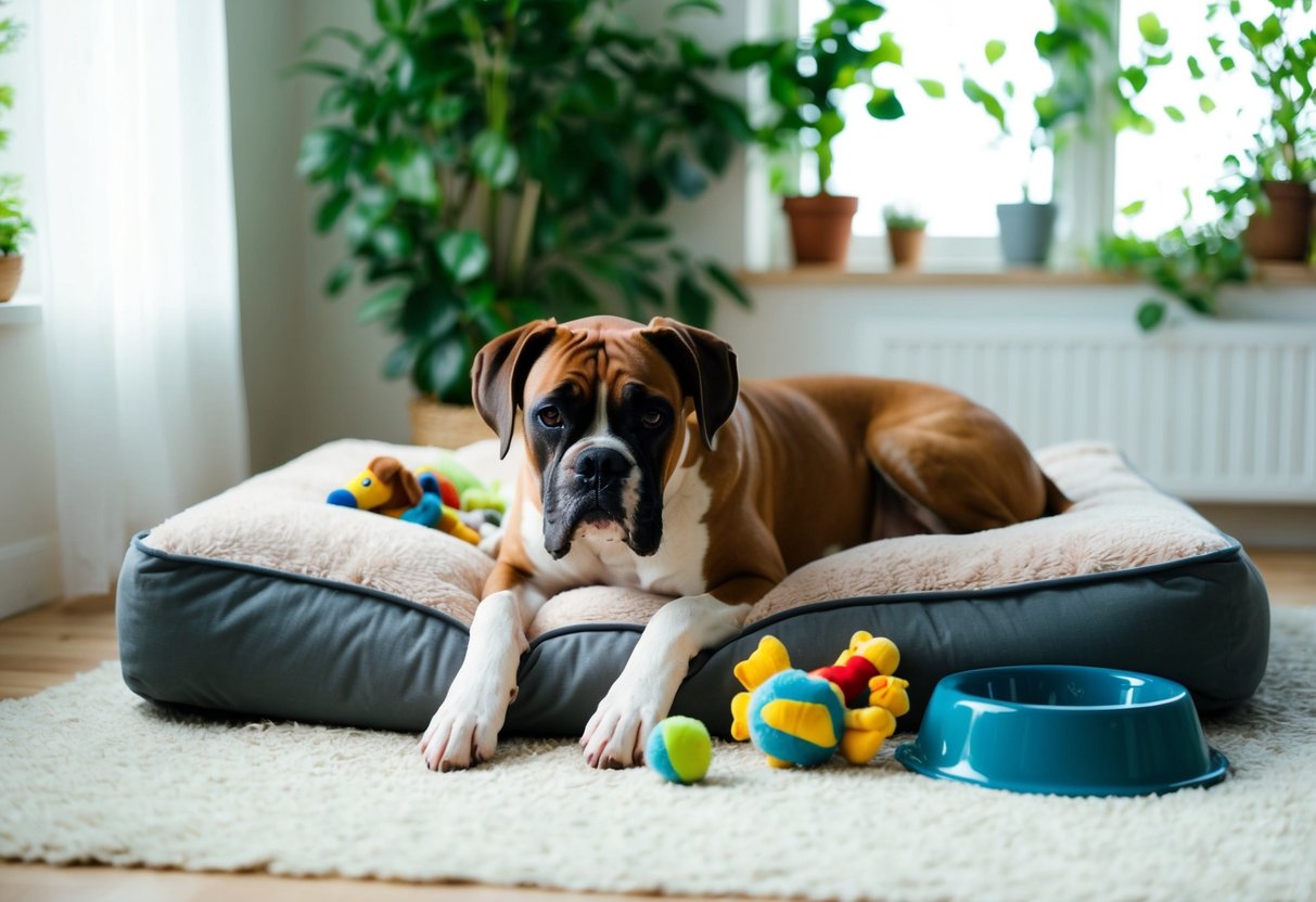 A boxer dog lies on a plush bed, surrounded by toys and a water bowl. The room is filled with natural light and greenery, creating a calming and peaceful atmosphere