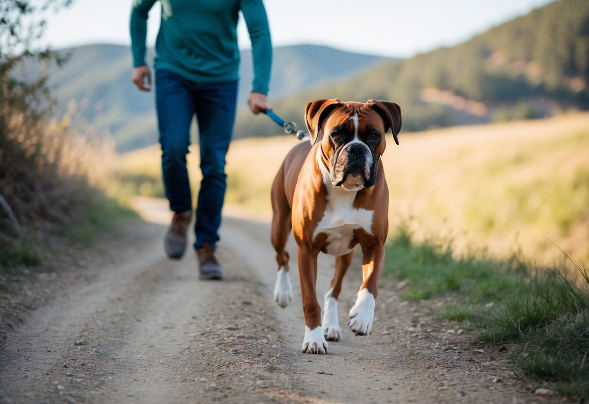 A boxer dog running alongside its owner on a trail, with trees and hills in the background