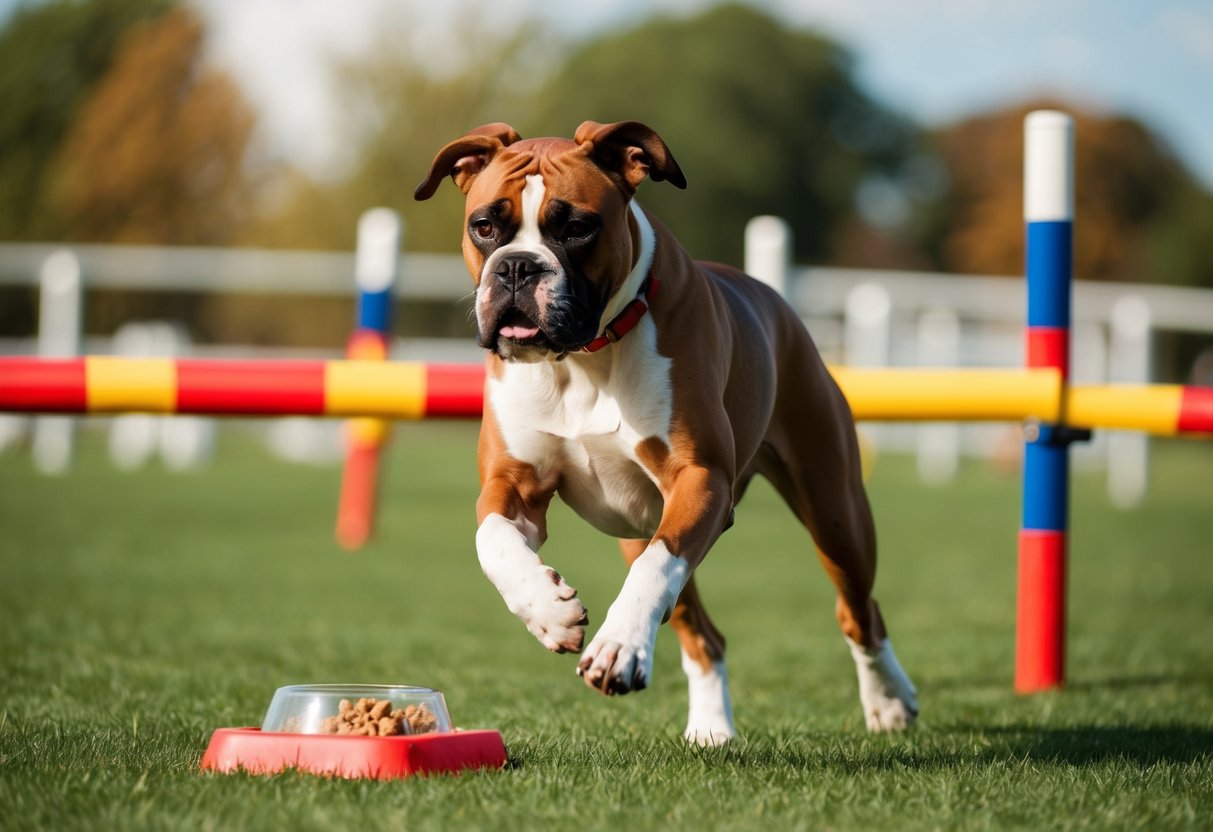 A boxer dog running through an obstacle course with a balanced meal nearby
