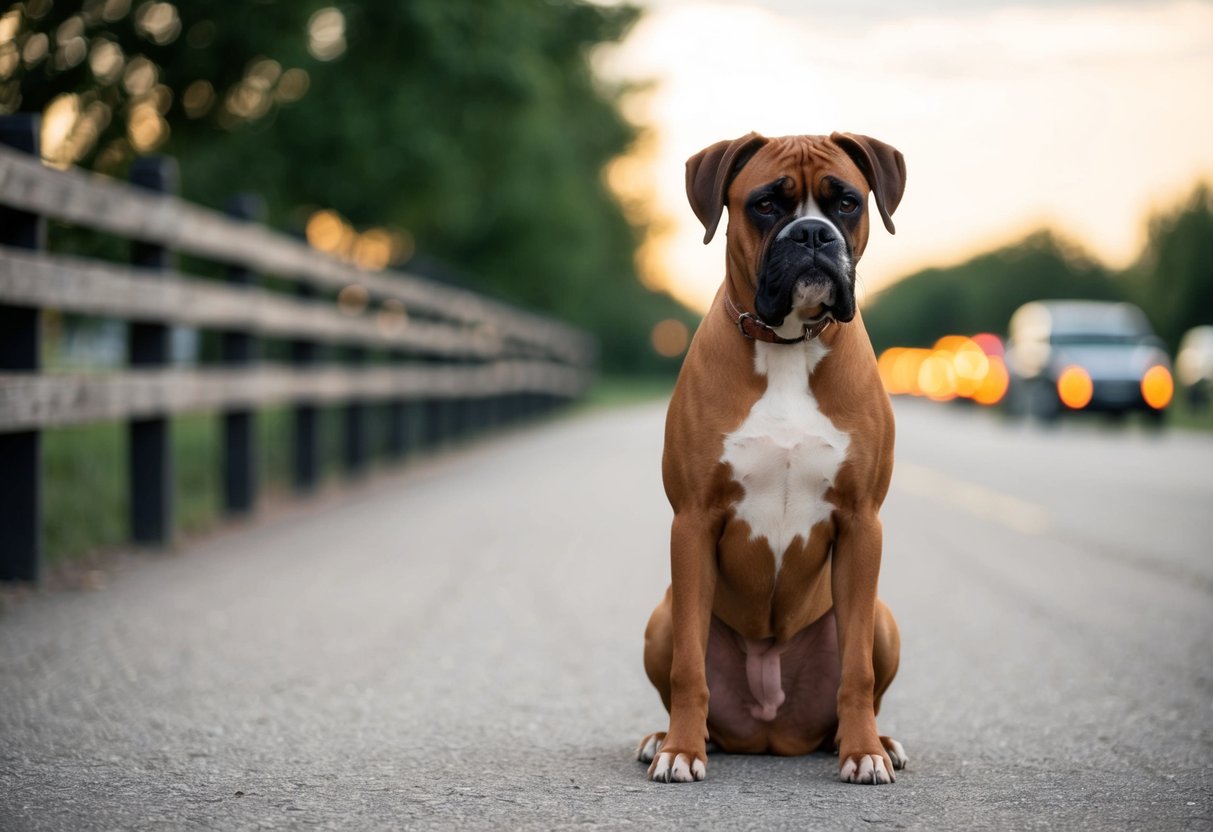 A boxer dog obediently follows commands, sitting and staying on command