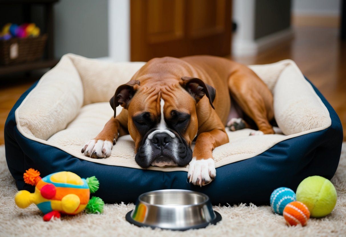 A boxer dog sleeping peacefully on a cozy dog bed, surrounded by toys and a water bowl