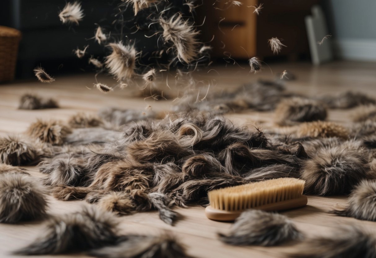A pile of loose fur covers the floor, with tufts of hair floating in the air. A brush sits nearby, surrounded by clumps of shed fur