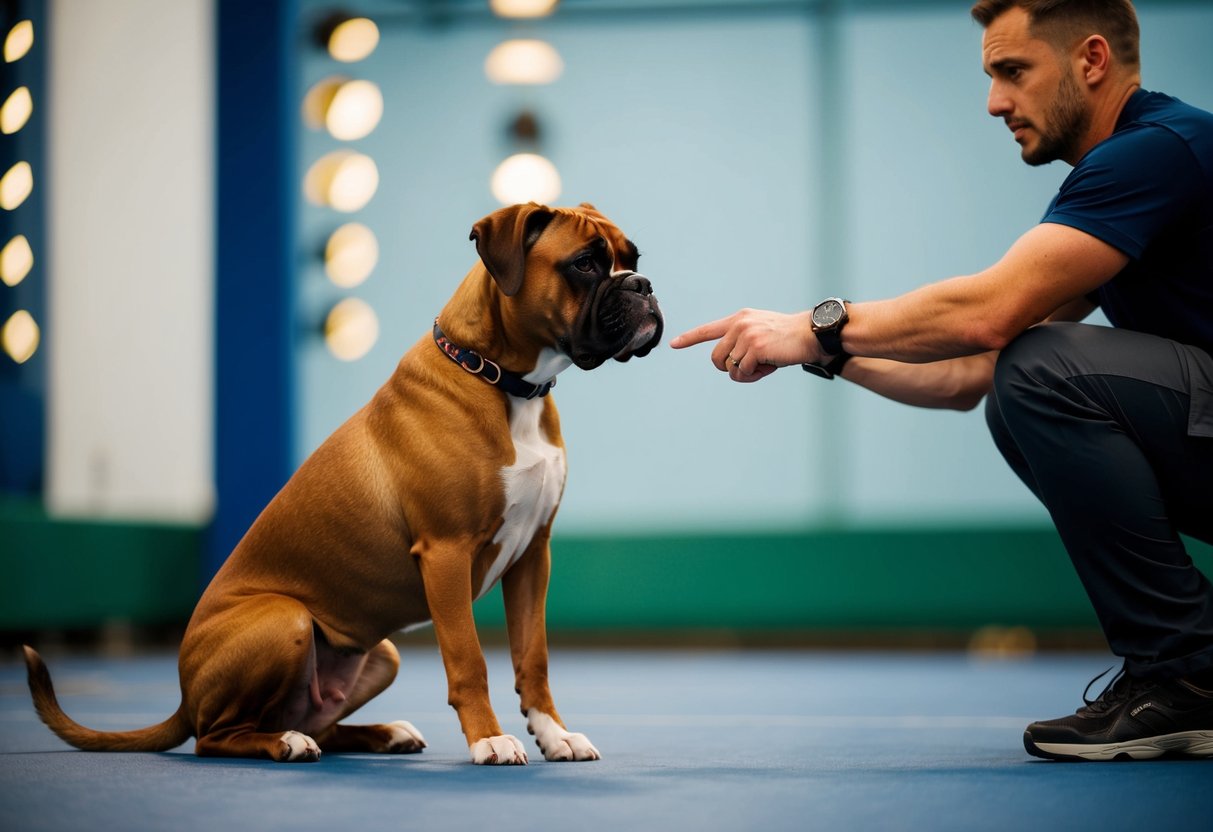 A boxer dog obediently follows commands in a training session, sitting and looking attentively at its trainer