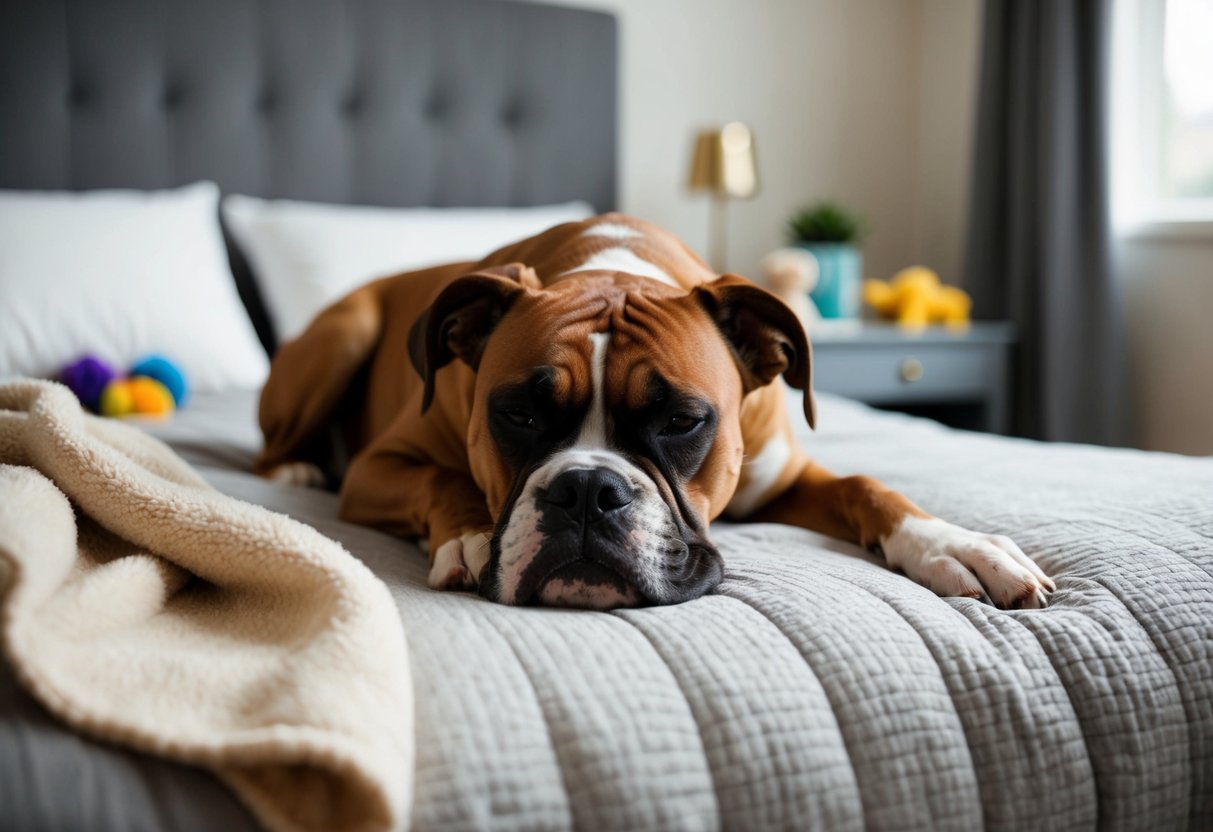 A boxer dog peacefully sleeping on a cozy bed in a quiet room, with a soft blanket and a few toys nearby