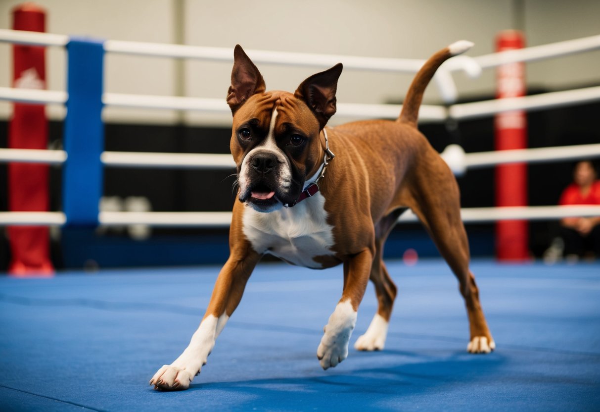 A boxer dog eagerly follows commands in a training ring, demonstrating advanced training techniques