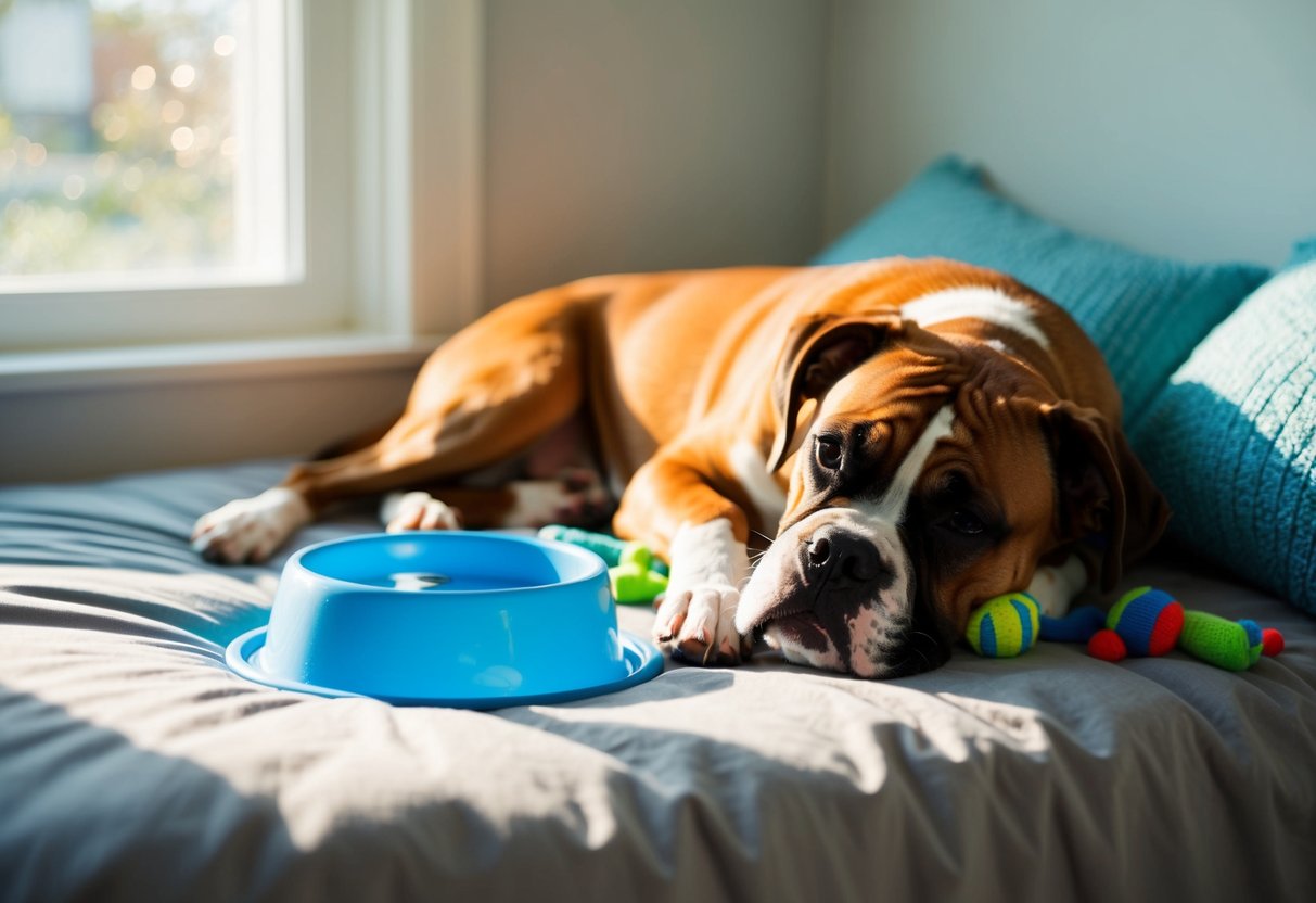 A boxer dog snoozing on a cozy bed, surrounded by toys and a water bowl. Sunlight streaming through a window onto the peaceful scene