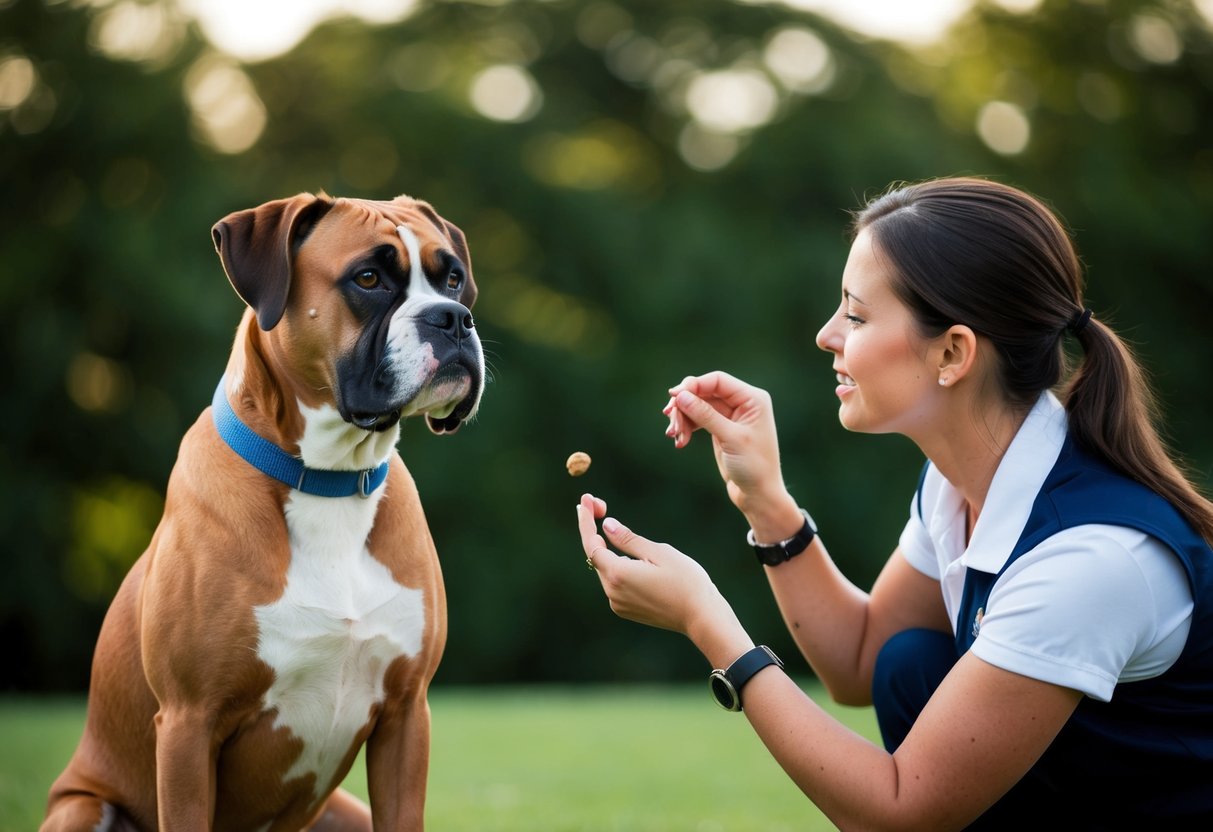 A boxer dog sits obediently, focused on its trainer. The trainer holds a treat, rewarding the dog for following commands