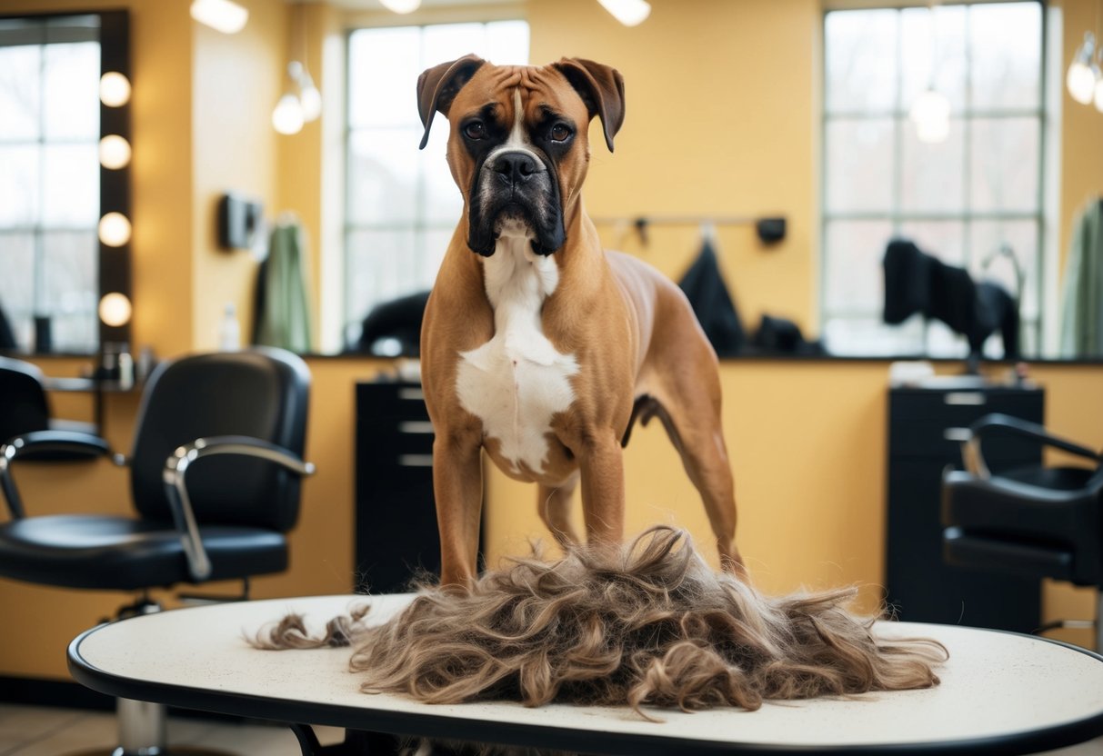 A boxer dog stands in a grooming salon, surrounded by clumps of fur and a pile of shedding hair
