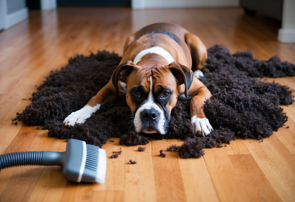 A boxer dog lies on a hardwood floor surrounded by clumps of fur. A brush and vacuum sit nearby, ready for the daily shedding routine