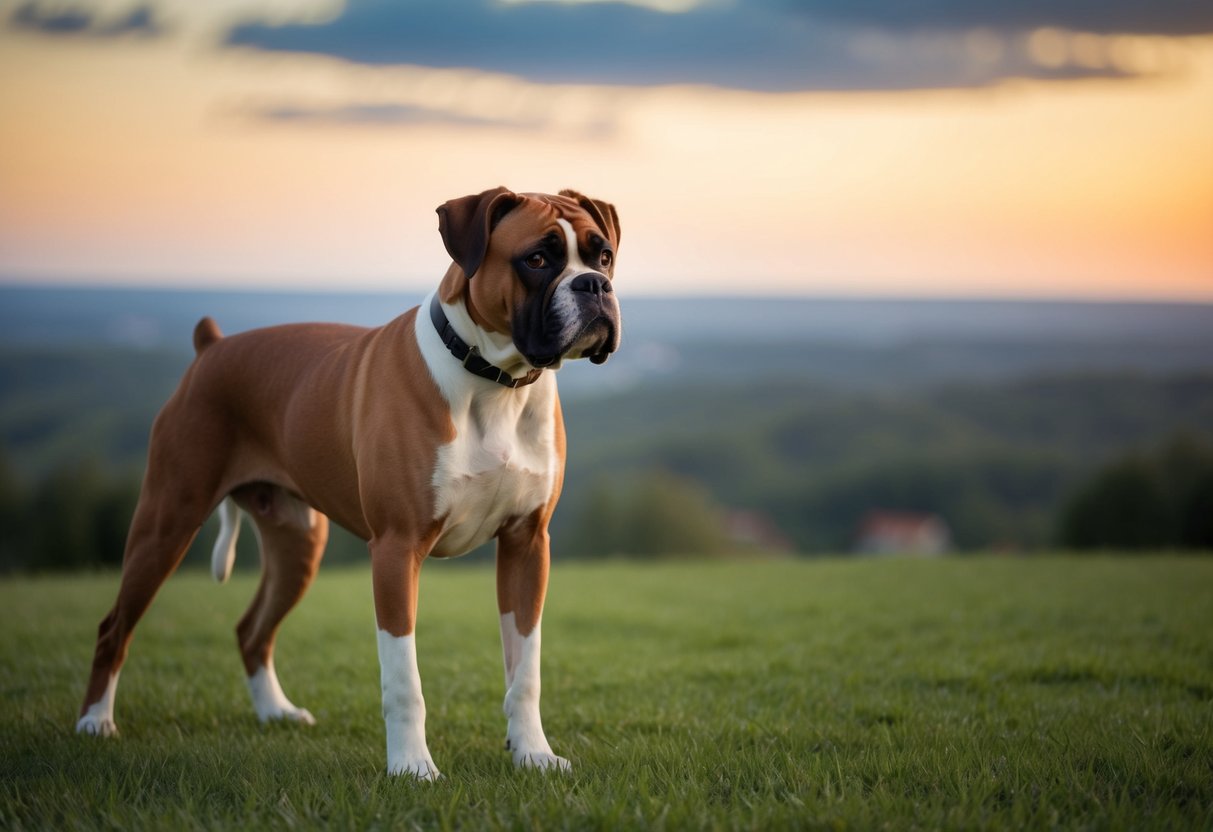 A Boxer dog stands alert, muscles tensed, ears perked, and eyes focused on the horizon, ready to protect its territory