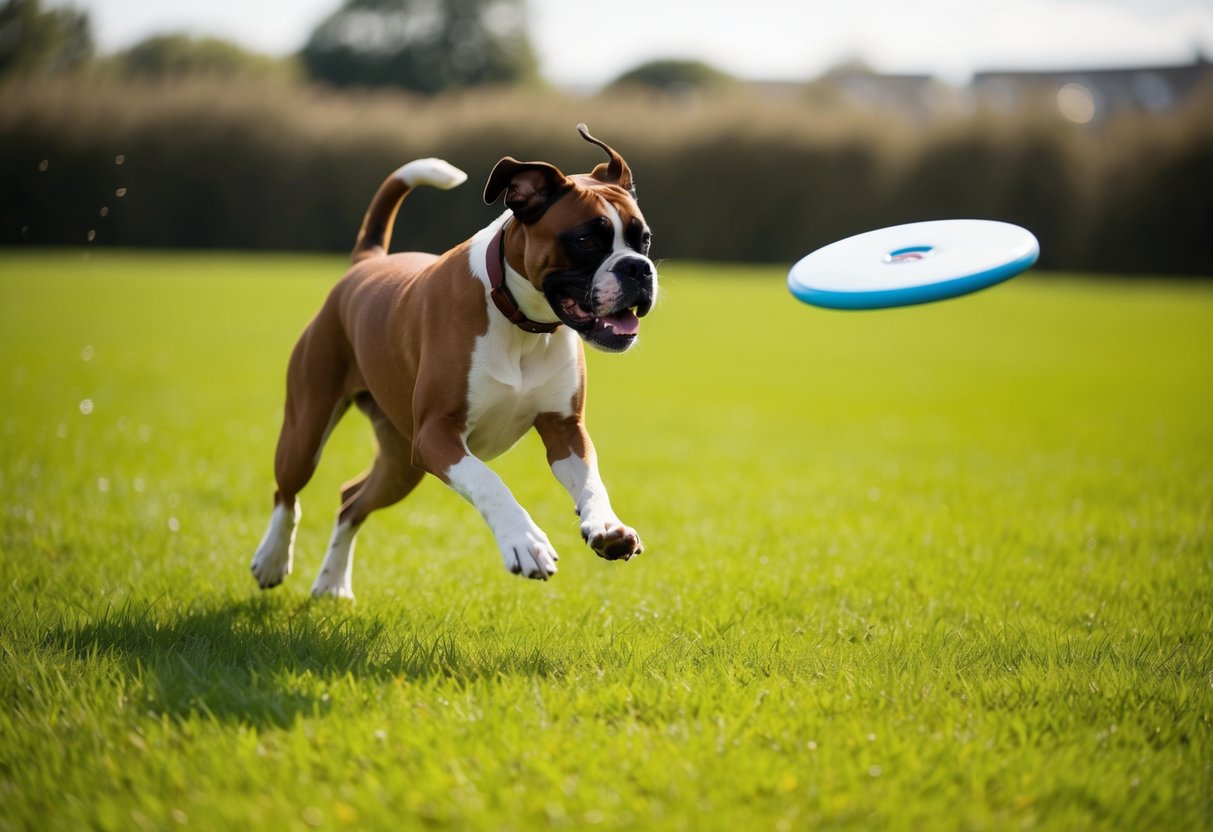 A boxer dog chases a frisbee across a grassy field, leaping and twisting to catch it in mid-air