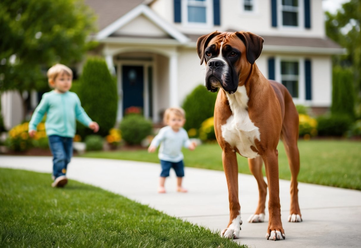 A boxer stands alert, ears perked, in front of a family home. A child plays nearby, and the dog watches protectively