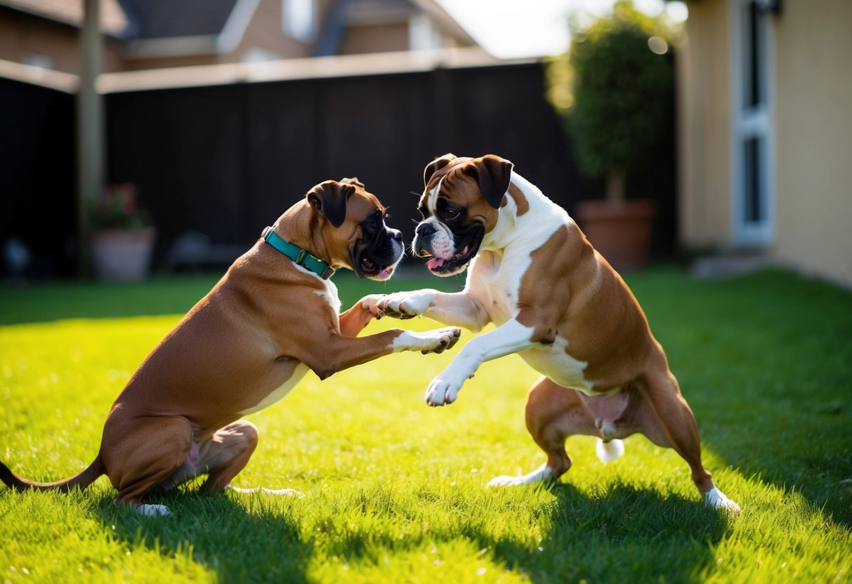 Two boxer dogs, one male and one female, playfully tussling in a sunlit backyard