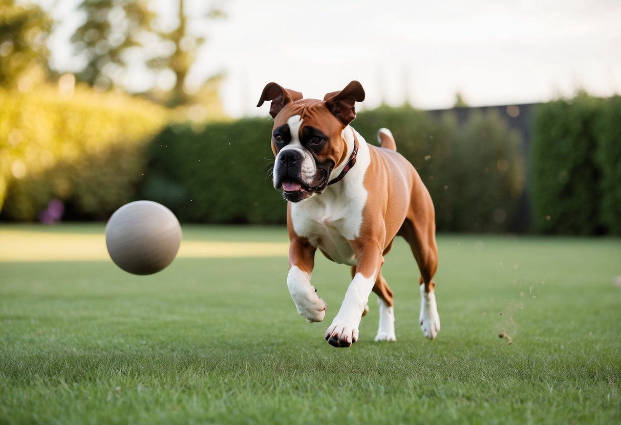 A boxer dog running and playing in a spacious backyard, chasing after a ball or frisbee thrown by its owner
