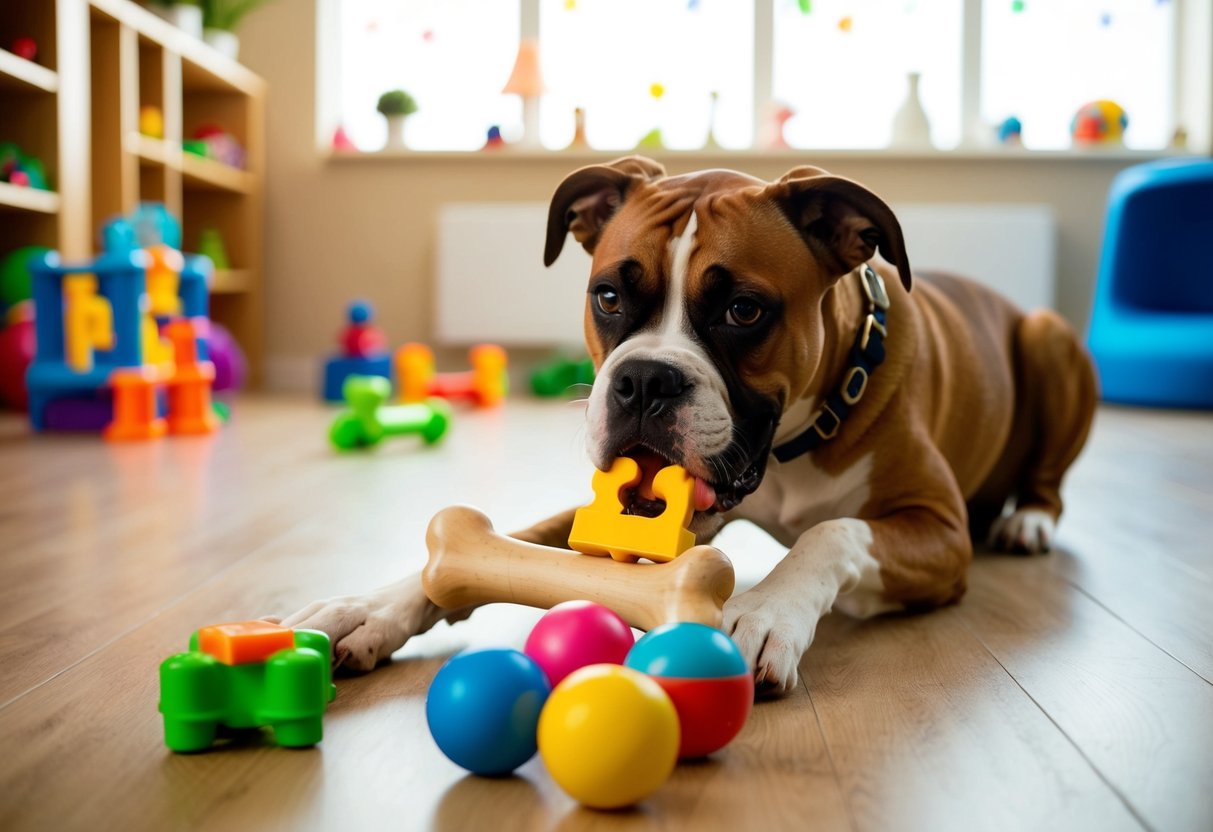 A boxer dog plays with puzzle toys and chews on a durable bone in a spacious, sunlit room with a variety of stimulating toys and activities