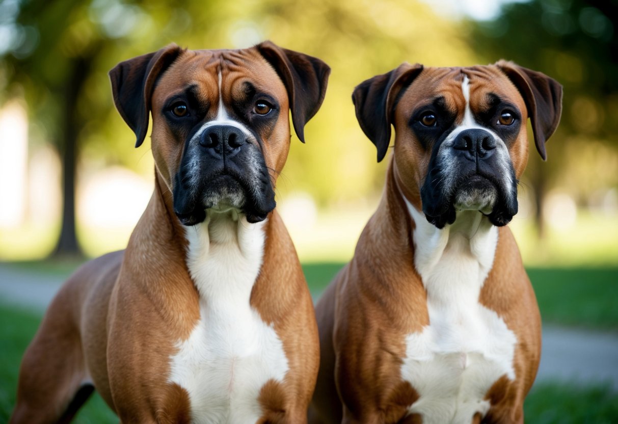 A male and female boxer dog standing side by side, both displaying confident and alert body language