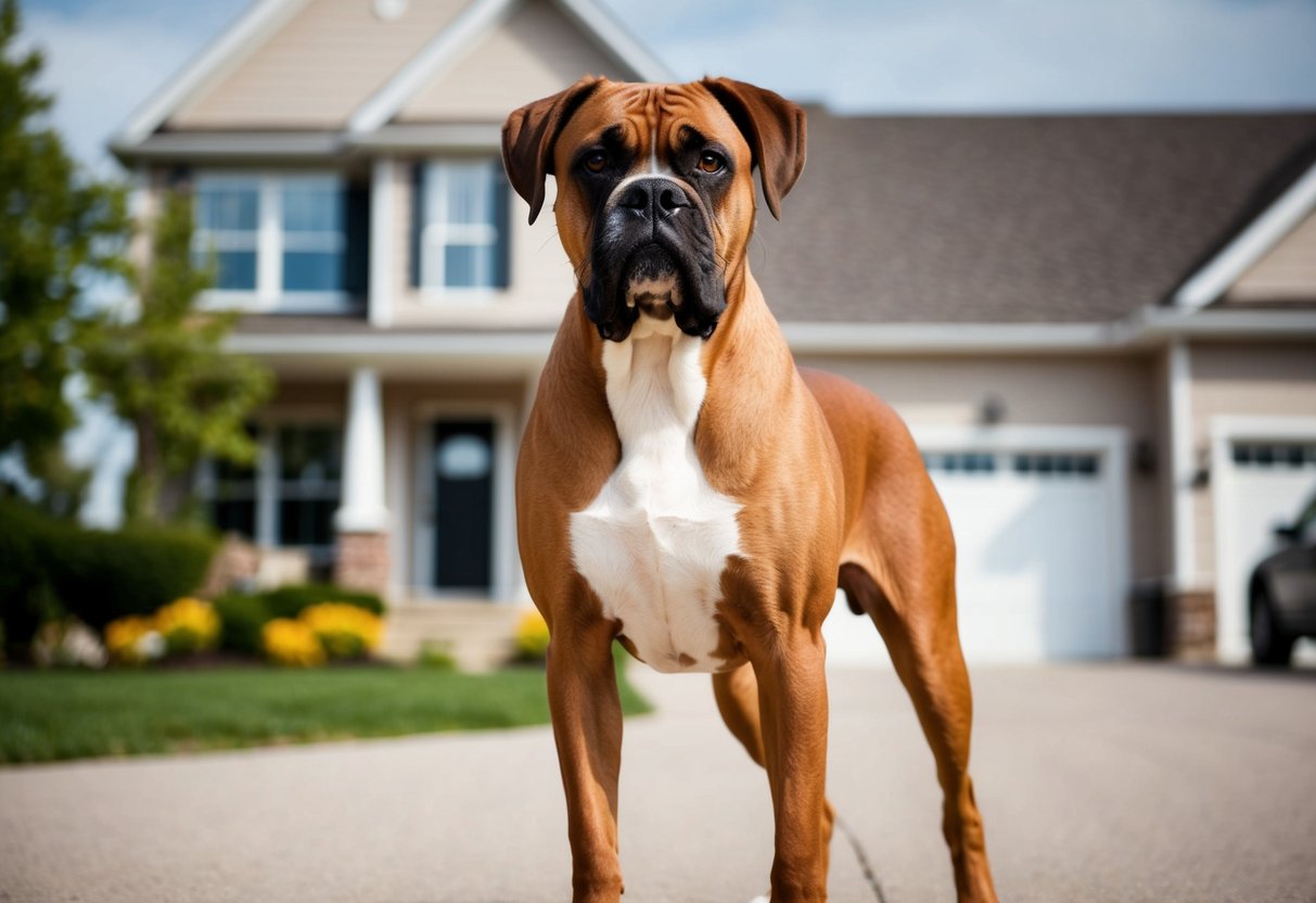 A muscular Boxer dog stands alert, ears perked and eyes focused, positioned in front of a family home. The dog exudes confidence and strength, ready to protect its owners