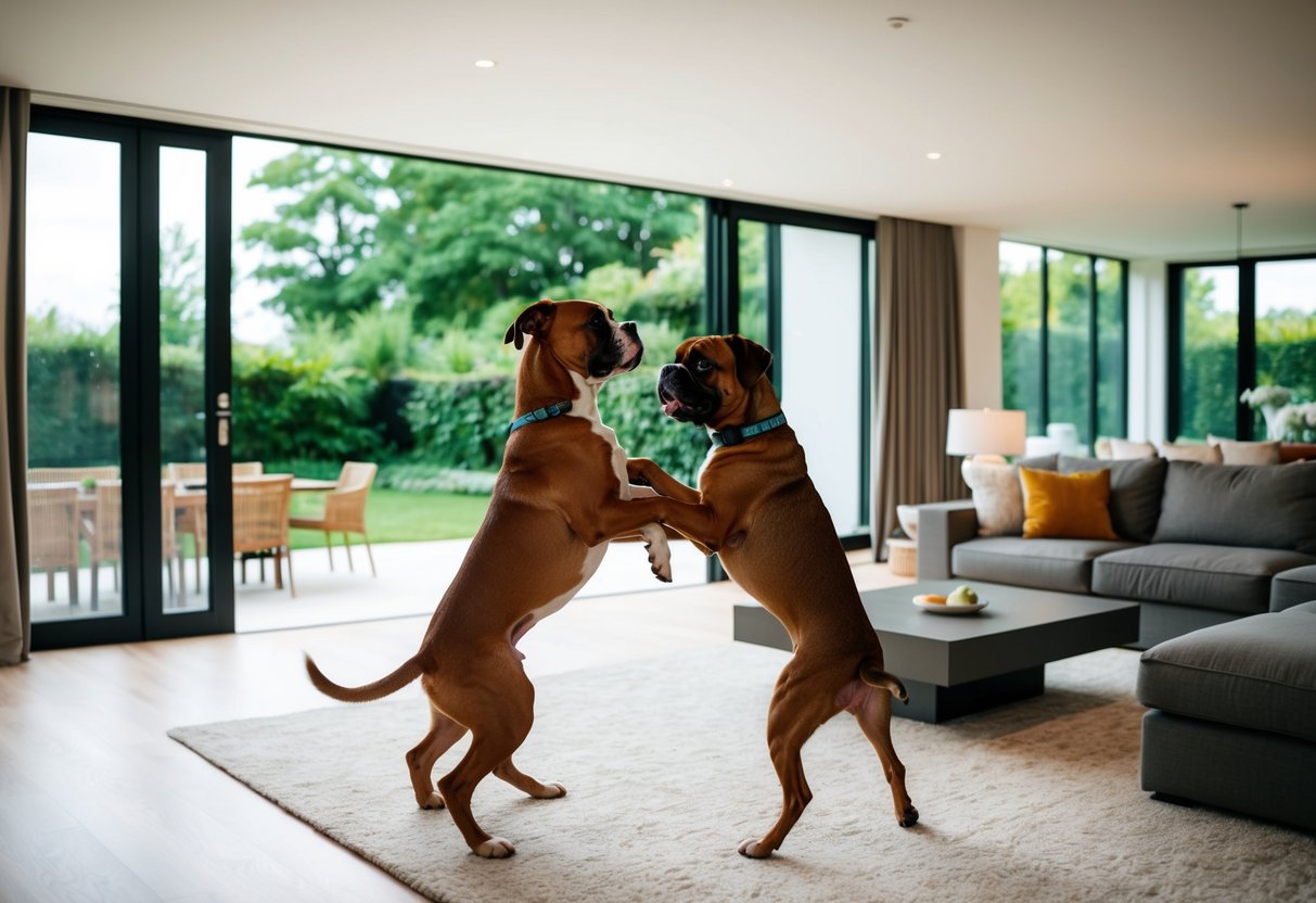A male and female boxer dog playfully interact in a spacious, well-lit living room with modern furniture and large windows overlooking a lush garden