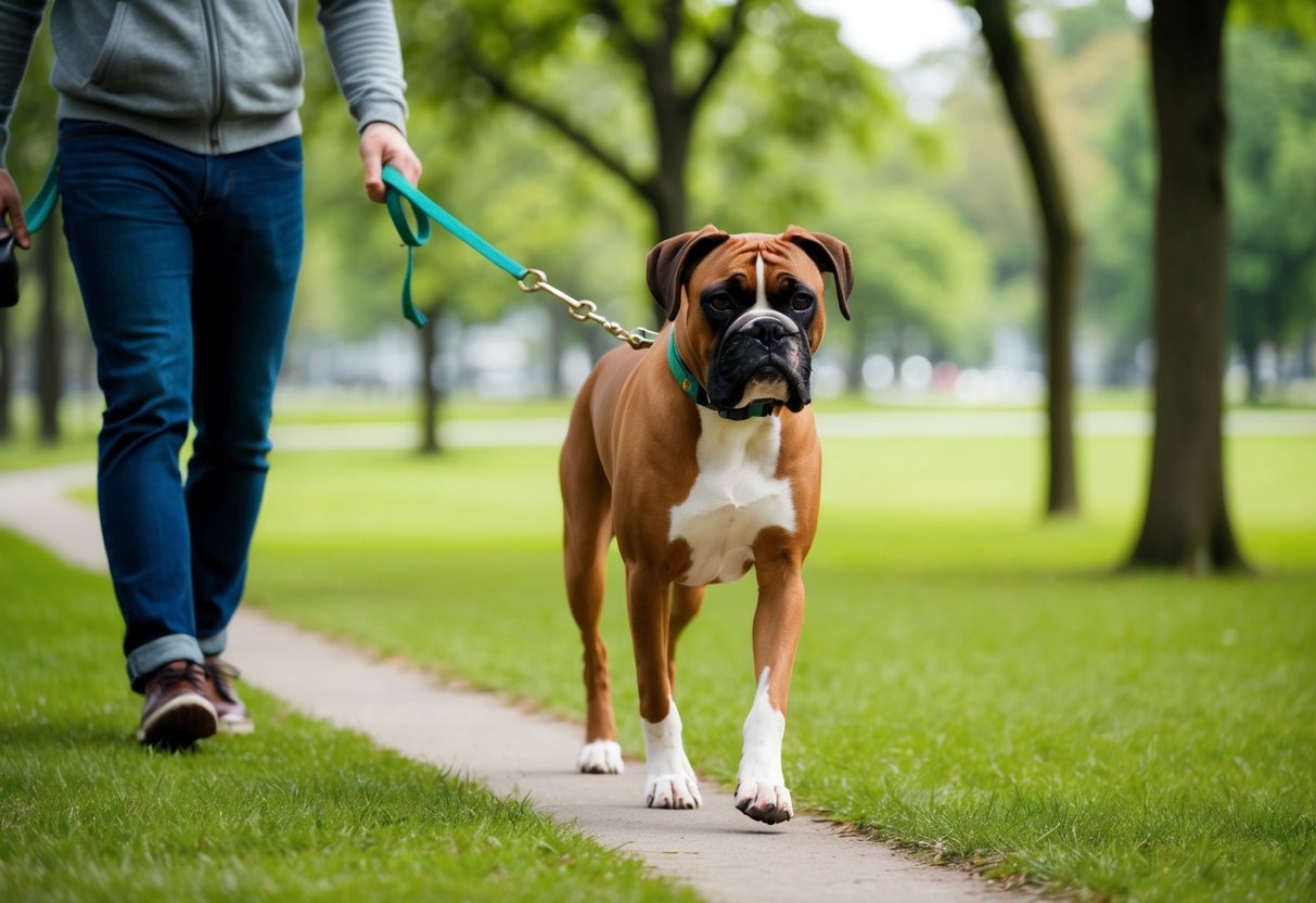 A boxer dog walking on a leash with a person, surrounded by a park with trees and greenery