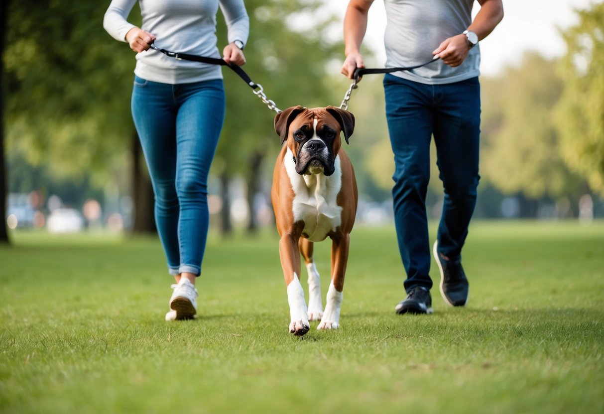 A boxer dog walking briskly with its owner in a park, both enjoying the exercise and fresh air