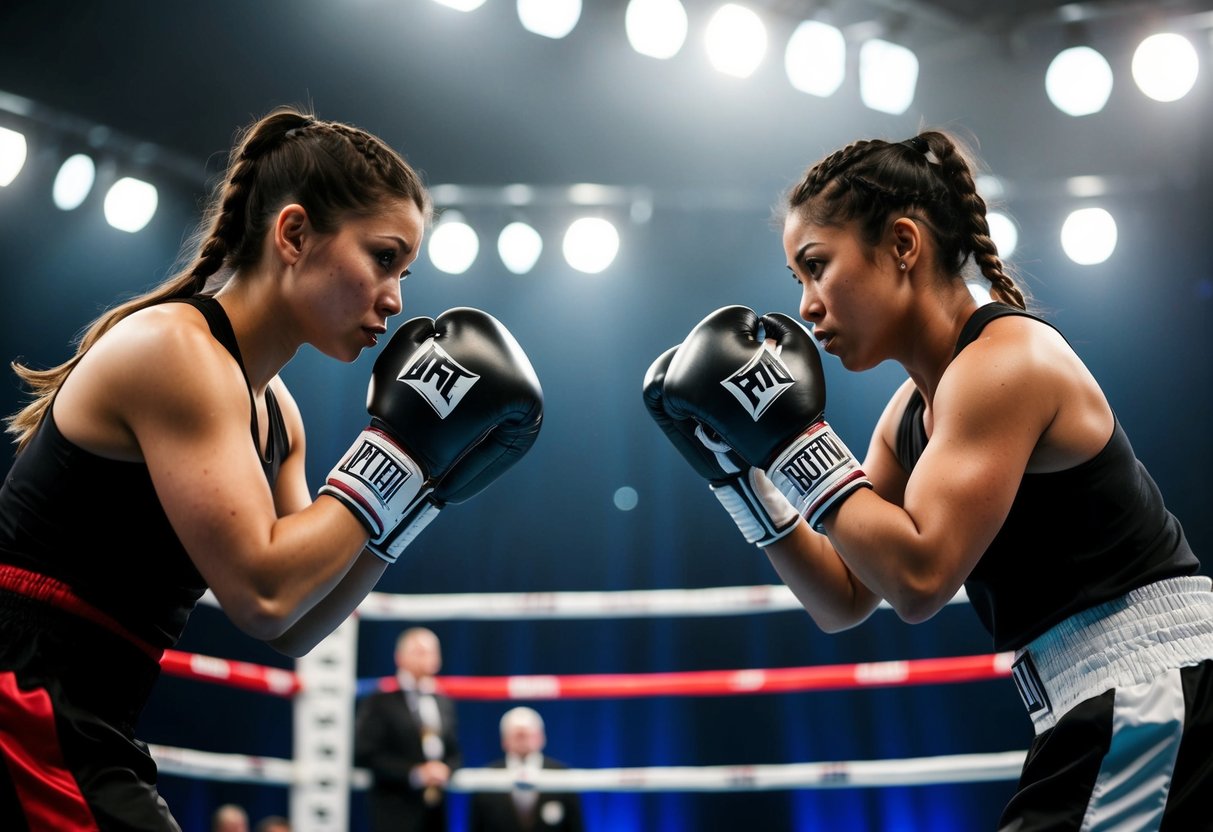 Two female boxers circle each other in the ring, their bodies tense and ready for action. The air is charged with anticipation as they prepare to unleash their power