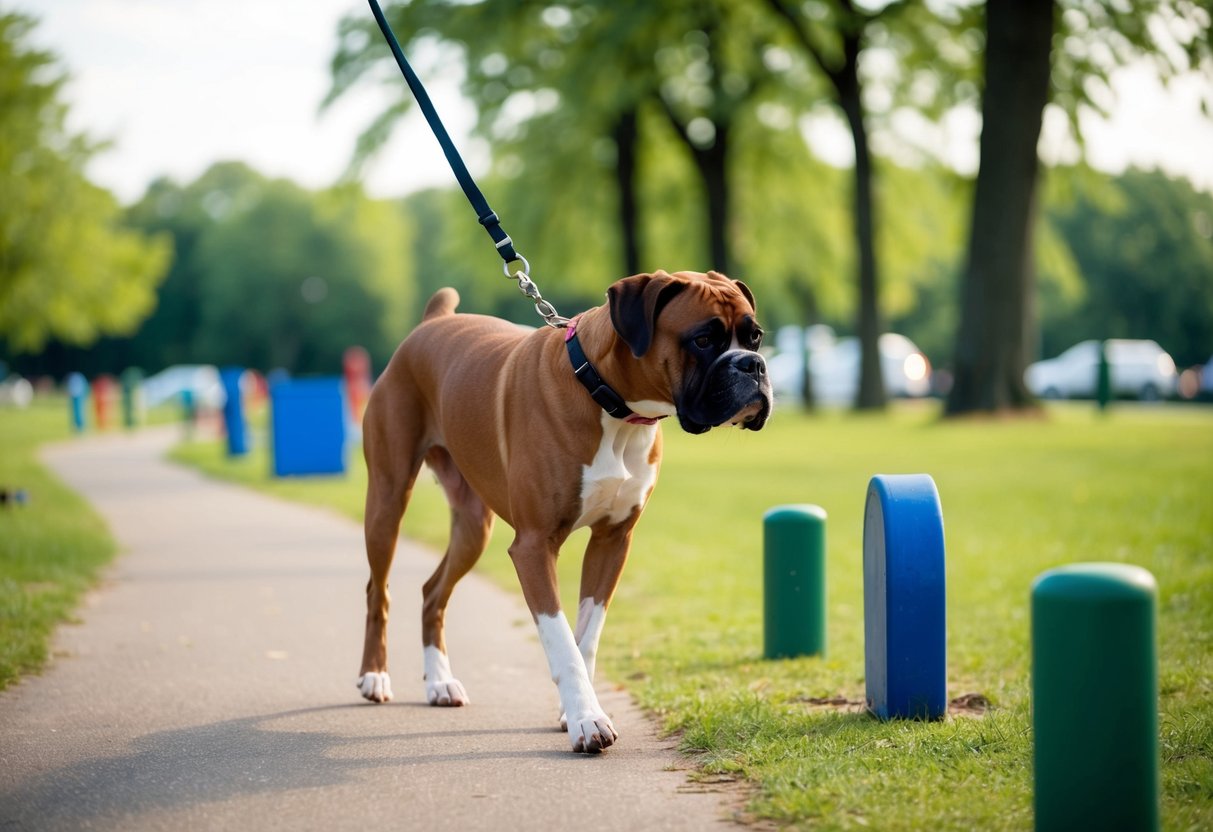 A boxer dog walking on a leash through a park, passing by various obstacles and engaging in mental stimulation and training exercises